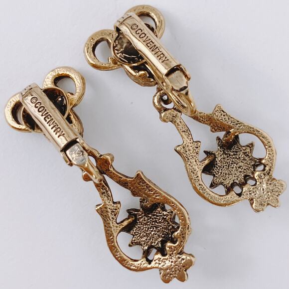 VTG Signed Coventry 1950s Earrings Faux Opal Green Rhinestone Gold Tone Clip On - Picture 6 of 9